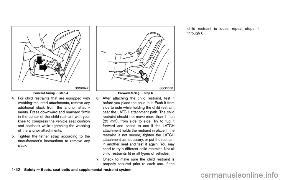 NISSAN ROGUE SELECT 2015 Workshop Manual 1-32Safety — Seats, seat belts and supplemental restraint system
SSS0647Forward-facing — step 4
4. For child restraints that are equipped withwebbing-mounted attachments, remove any
additional sla
