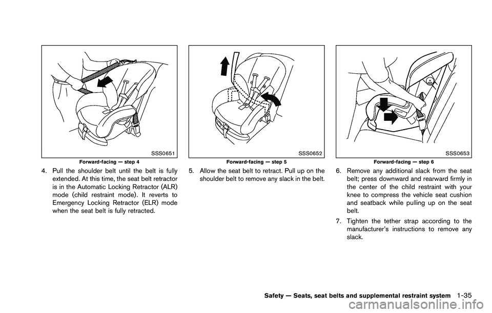 NISSAN ROGUE SELECT 2015 Workshop Manual SSS0651Forward-facing — step 4
4. Pull the shoulder belt until the belt is fullyextended. At this time, the seat belt retractor
is in the Automatic Locking Retractor (ALR)
mode (child restraint mode