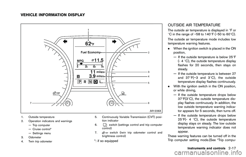 NISSAN ROGUE SELECT 2015  Owners Manual JVI1226X
1. Outside temperature
2. Operation indicators and warnings— Trip computer
— Cruise control*
— Settings menu
3. Odometer
4. Twin trip odometer 5. Continuously Variable Transmission (CVT