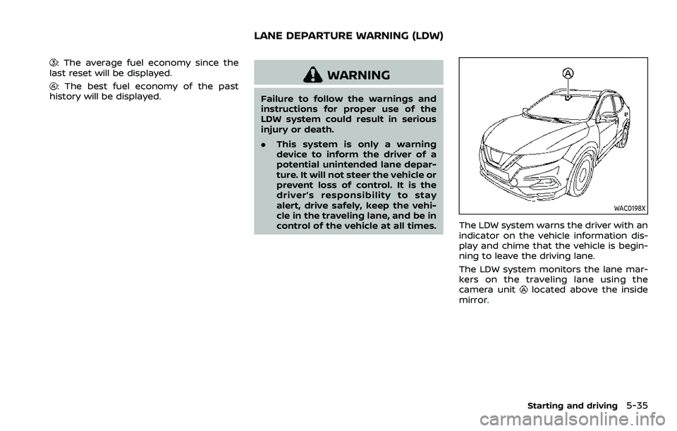 NISSAN ROGUE SPORT 2022 Owners Manual : The average fuel economy since the
last reset will be displayed.
: The best fuel economy of the past
history will be displayed.WARNING
Failure to follow the warnings and
instructions for proper use NISSAN ROGUE SPORT 2022 Owners Manual : The average fuel economy since the
last reset will be displayed.
: The best fuel economy of the past
history will be displayed.WARNING
Failure to follow the warnings and
instructions for proper use
