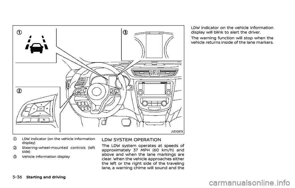 NISSAN ROGUE SPORT 2022 Owners Manual 5-36Starting and driving
JVS1087X
LDW indicator (on the vehicle information
display)
Steering-wheel-mounted controls (left
side)
Vehicle information display
LDW SYSTEM OPERATION
The LDW system operate NISSAN ROGUE SPORT 2022 Owners Manual 5-36Starting and driving
JVS1087X
LDW indicator (on the vehicle information
display)
Steering-wheel-mounted controls (left
side)
Vehicle information display
LDW SYSTEM OPERATION
The LDW system operate