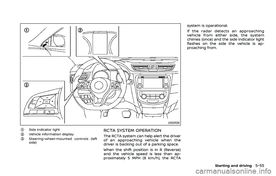 NISSAN ROGUE SPORT 2022 Owners Manual JVS0953X
Side indicator lightVehicle information displaySteering-wheel-mounted controls (left
side)
RCTA SYSTEM OPERATION
The RCTA system can help alert the driver
of an approaching vehicle when the
d NISSAN ROGUE SPORT 2022 Owners Manual JVS0953X
Side indicator lightVehicle information displaySteering-wheel-mounted controls (left
side)
RCTA SYSTEM OPERATION
The RCTA system can help alert the driver
of an approaching vehicle when the
d