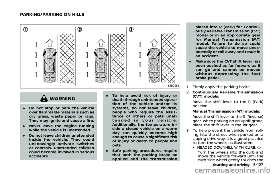 NISSAN ROGUE SPORT 2022 Owners Manual SSD0488
WARNING
.Do not stop or park the vehicle
over flammable materials such as
dry grass, waste paper or rags.
They may ignite and cause a fire.
. Never leave the engine running
while the vehicle i NISSAN ROGUE SPORT 2022 Owners Manual SSD0488
WARNING
.Do not stop or park the vehicle
over flammable materials such as
dry grass, waste paper or rags.
They may ignite and cause a fire.
. Never leave the engine running
while the vehicle i