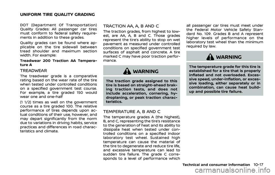 NISSAN ROGUE SPORT 2022 Owners Manual DOT (Department Of Transportation)
Quality Grades: All passenger car tires
must conform to federal safety require-
ments in addition to these grades.
Quality grades can be found where ap-
plicable on NISSAN ROGUE SPORT 2022 Owners Manual DOT (Department Of Transportation)
Quality Grades: All passenger car tires
must conform to federal safety require-
ments in addition to these grades.
Quality grades can be found where ap-
plicable on