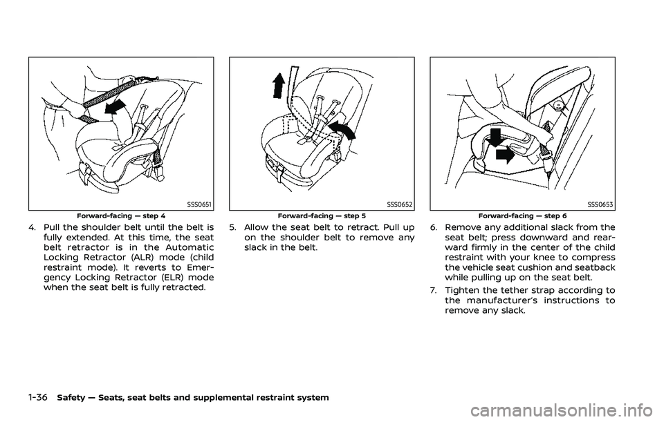 NISSAN ROGUE SPORT 2022 Workshop Manual 1-36Safety — Seats, seat belts and supplemental restraint system
SSS0651
Forward-facing — step 4
4. Pull the shoulder belt until the belt isfully extended. At this time, the seat
belt retractor is NISSAN ROGUE SPORT 2022 Workshop Manual 1-36Safety — Seats, seat belts and supplemental restraint system
SSS0651
Forward-facing — step 4
4. Pull the shoulder belt until the belt isfully extended. At this time, the seat
belt retractor is