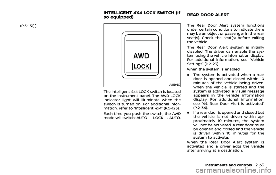 NISSAN ROGUE SPORT 2021 User Guide (P.5-131).)
JVI1595X
The Intelligent 4x4 LOCK switch is located
on the instrument panel. The AWD LOCK
indicator light will illuminate when the
switch is turned on. For additional infor-
mation, refer 