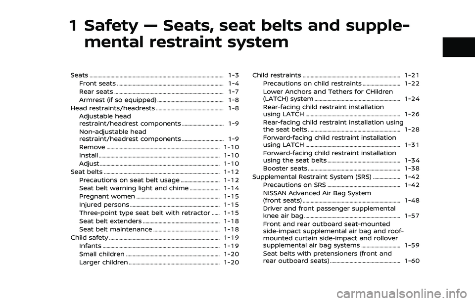 NISSAN ROGUE SPORT 2021  Owners Manual 1 Safety — Seats, seat belts and supple-mental restraint system
Seats ........................................................................\
............................... 1-3
Front seats ......