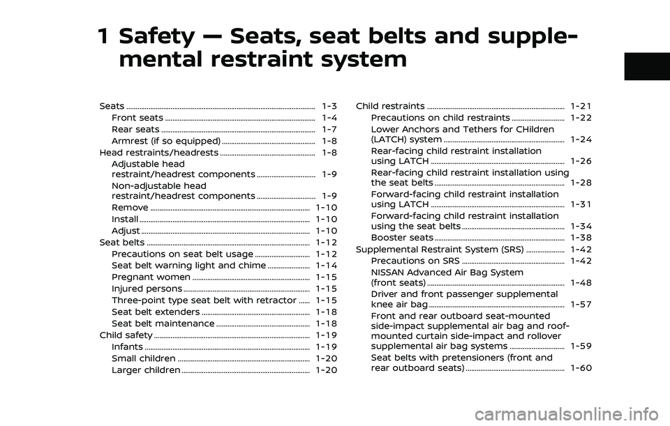 NISSAN ROGUE SPORT 2021 Owners Manual 1 Safety — Seats, seat belts and supple-mental restraint system
Seats ........................................................................\
............................... 1-3
Front seats ...... NISSAN ROGUE SPORT 2021 Owners Manual 1 Safety — Seats, seat belts and supple-mental restraint system
Seats ........................................................................\
............................... 1-3
Front seats ......