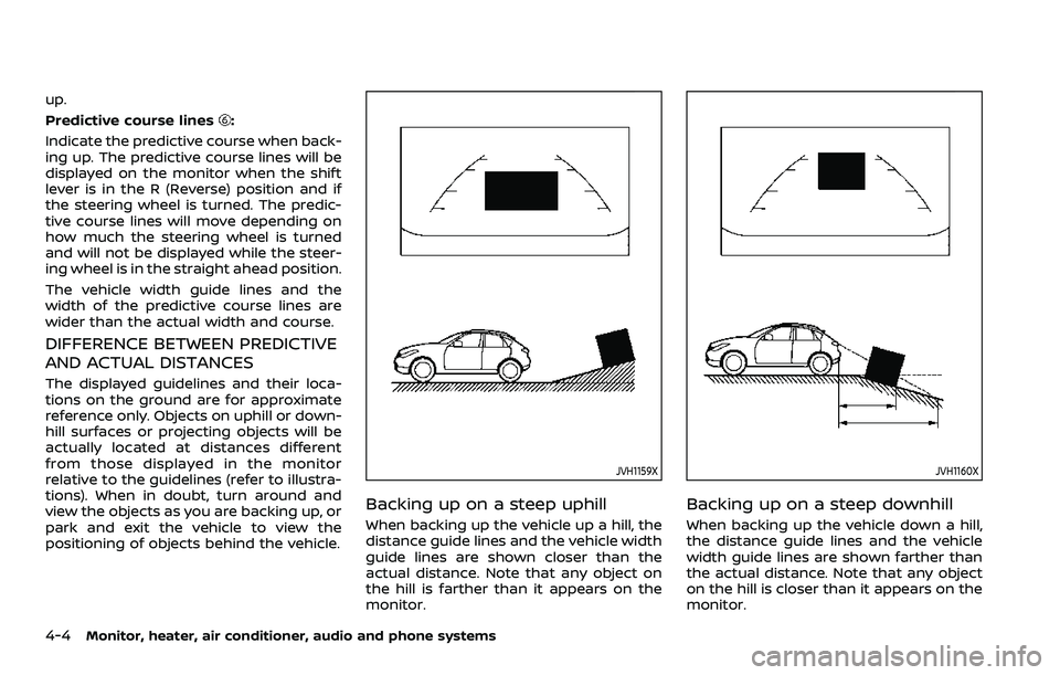 NISSAN ROGUE SPORT 2021  Owners Manual 4-4Monitor, heater, air conditioner, audio and phone systems
up.
Predictive course lines
:
Indicate the predictive course when back-
ing up. The predictive course lines will be
displayed on the monito