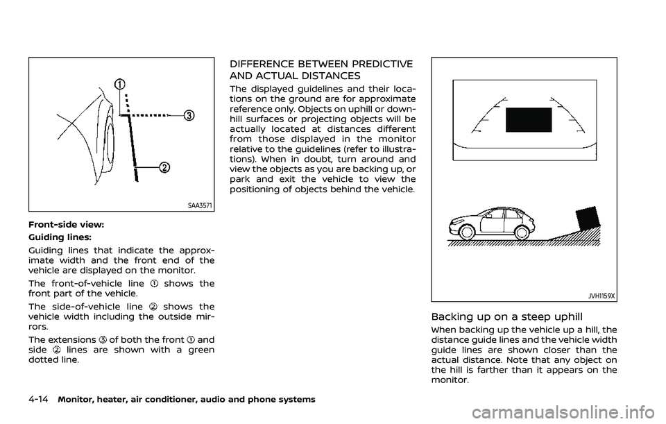 NISSAN ROGUE SPORT 2021  Owners Manual 4-14Monitor, heater, air conditioner, audio and phone systems
SAA3571
Front-side view:
Guiding lines:
Guiding lines that indicate the approx-
imate width and the front end of the
vehicle are displayed