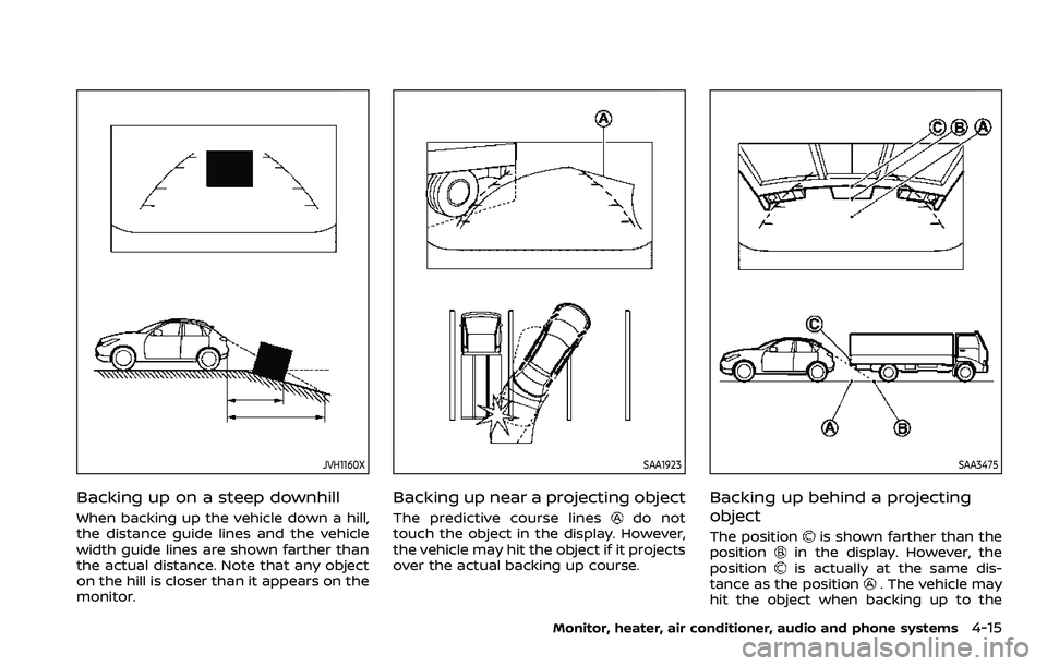 NISSAN ROGUE SPORT 2021  Owners Manual JVH1160X
Backing up on a steep downhill
When backing up the vehicle down a hill,
the distance guide lines and the vehicle
width guide lines are shown farther than
the actual distance. Note that any ob