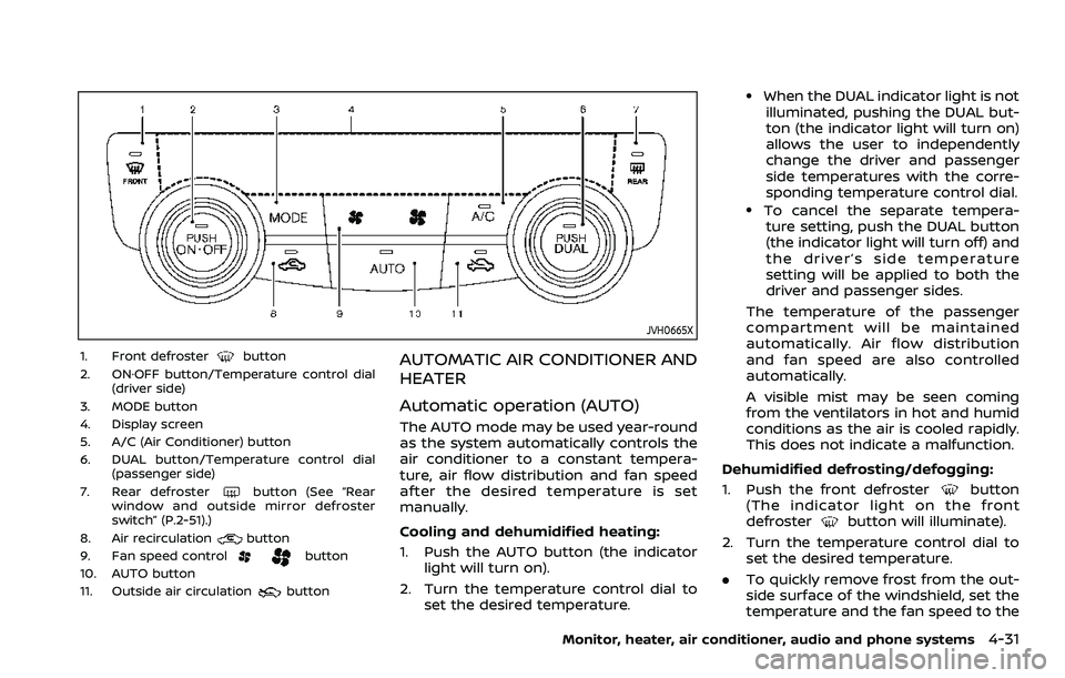 NISSAN ROGUE SPORT 2021  Owners Manual JVH0665X
1. Front defrosterbutton
2. ON·OFF button/Temperature control dial (driver side)
3. MODE button
4. Display screen
5. A/C (Air Conditioner) button
6. DUAL button/Temperature control dial (pas