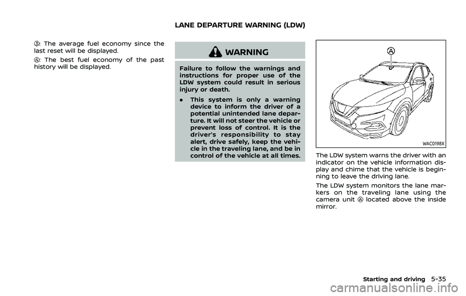 NISSAN ROGUE SPORT 2021  Owners Manual : The average fuel economy since the
last reset will be displayed.
: The best fuel economy of the past
history will be displayed.WARNING
Failure to follow the warnings and
instructions for proper use 