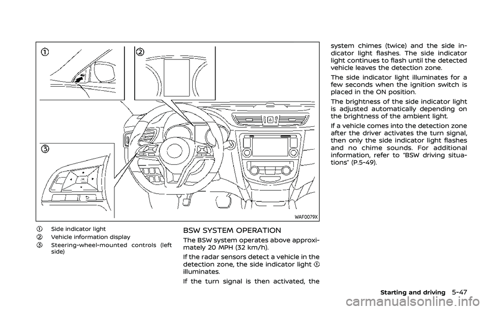 NISSAN ROGUE SPORT 2021 Owners Manual WAF0079X
Side indicator lightVehicle information displaySteering-wheel-mounted controls (left
side)
BSW SYSTEM OPERATION
The BSW system operates above approxi-
mately 20 MPH (32 km/h).
If the radar se NISSAN ROGUE SPORT 2021 Owners Manual WAF0079X
Side indicator lightVehicle information displaySteering-wheel-mounted controls (left
side)
BSW SYSTEM OPERATION
The BSW system operates above approxi-
mately 20 MPH (32 km/h).
If the radar se