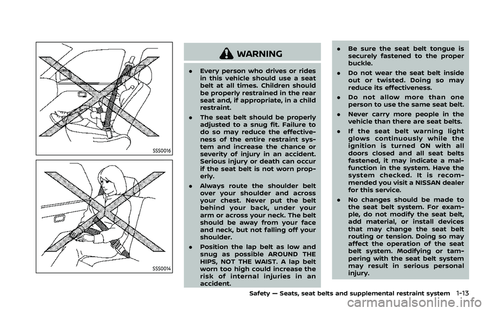NISSAN ROGUE SPORT 2021  Owners Manual SSS0016
SSS0014
WARNING
.Every person who drives or rides
in this vehicle should use a seat
belt at all times. Children should
be properly restrained in the rear
seat and, if appropriate, in a child
r