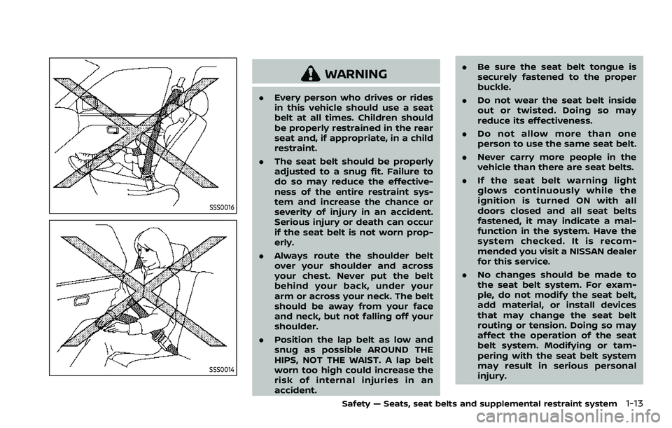 NISSAN ROGUE SPORT 2021 Owners Manual SSS0016
SSS0014
WARNING
.Every person who drives or rides
in this vehicle should use a seat
belt at all times. Children should
be properly restrained in the rear
seat and, if appropriate, in a child
r NISSAN ROGUE SPORT 2021 Owners Manual SSS0016
SSS0014
WARNING
.Every person who drives or rides
in this vehicle should use a seat
belt at all times. Children should
be properly restrained in the rear
seat and, if appropriate, in a child
r