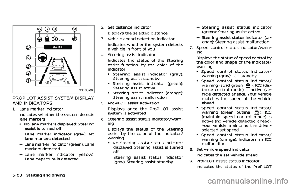 NISSAN ROGUE SPORT 2021 Owners Manual 5-68Starting and driving
WAF0049X
PROPILOT ASSIST SYSTEM DISPLAY
AND INDICATORS
1. Lane marker indicatorIndicates whether the system detects
lane markers
.No lane markers displayed: Steeringassist is 