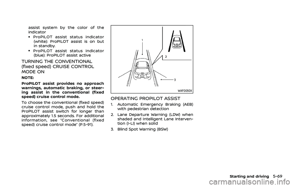 NISSAN ROGUE SPORT 2021 Owners Manual assist system by the color of the
indicator
.ProPILOT assist status indicator(white): ProPILOT assist is on but
in standby.
.ProPILOT assist status indicator(blue): ProPILOT assist active
TURNING THE NISSAN ROGUE SPORT 2021 Owners Manual assist system by the color of the
indicator
.ProPILOT assist status indicator(white): ProPILOT assist is on but
in standby.
.ProPILOT assist status indicator(blue): ProPILOT assist active
TURNING THE