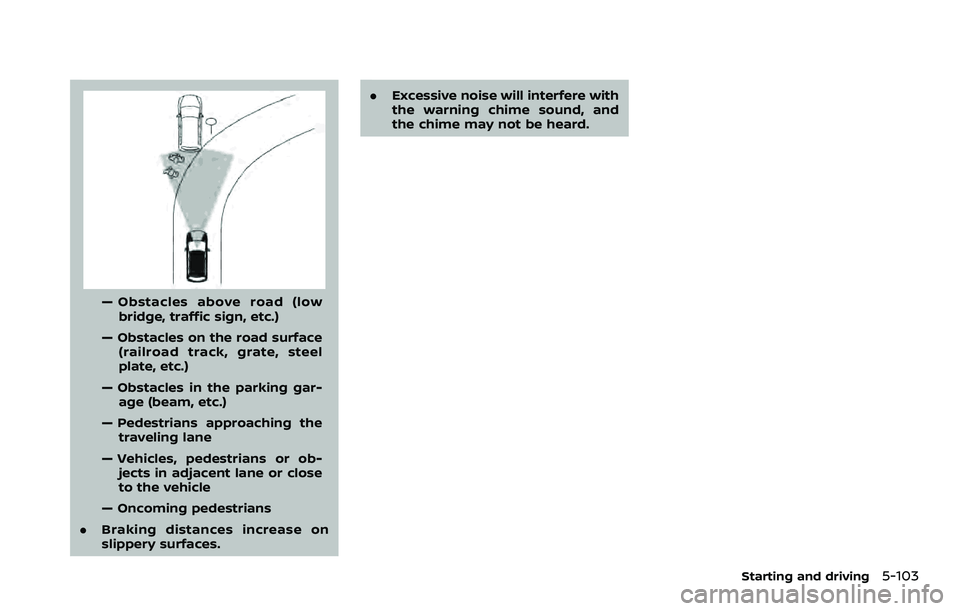 NISSAN ROGUE SPORT 2021  Owners Manual — Obstacles above road (lowbridge, traffic sign, etc.)
— Obstacles on the road surface (railroad track, grate, steel
plate, etc.)
— Obstacles in the parking gar- age (beam, etc.)
— Pedestrians