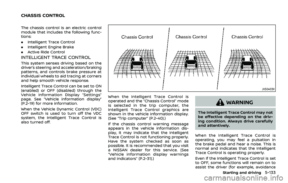 NISSAN ROGUE SPORT 2021 Owners Manual The chassis control is an electric control
module that includes the following func-
tions:
.Intelligent Trace Control
. Intelligent Engine Brake
. Active Ride Control
INTELLIGENT TRACE CONTROL
This sy NISSAN ROGUE SPORT 2021 Owners Manual The chassis control is an electric control
module that includes the following func-
tions:
.Intelligent Trace Control
. Intelligent Engine Brake
. Active Ride Control
INTELLIGENT TRACE CONTROL
This sy