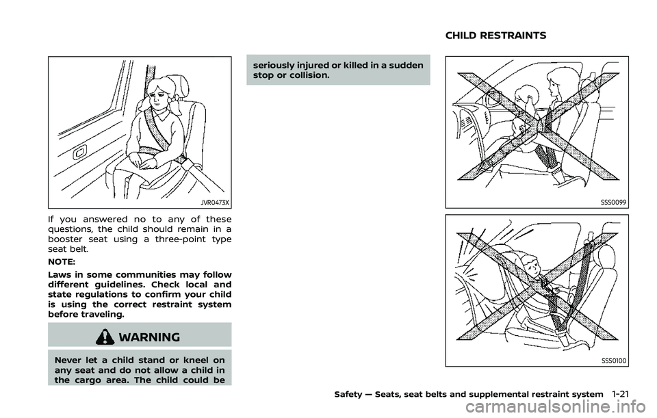 NISSAN ROGUE SPORT 2021 Owners Guide JVR0473X
If you answered no to any of these
questions, the child should remain in a
booster seat using a three-point type
seat belt.
NOTE:
Laws in some communities may follow
different guidelines. Che NISSAN ROGUE SPORT 2021 Owners Guide JVR0473X
If you answered no to any of these
questions, the child should remain in a
booster seat using a three-point type
seat belt.
NOTE:
Laws in some communities may follow
different guidelines. Che