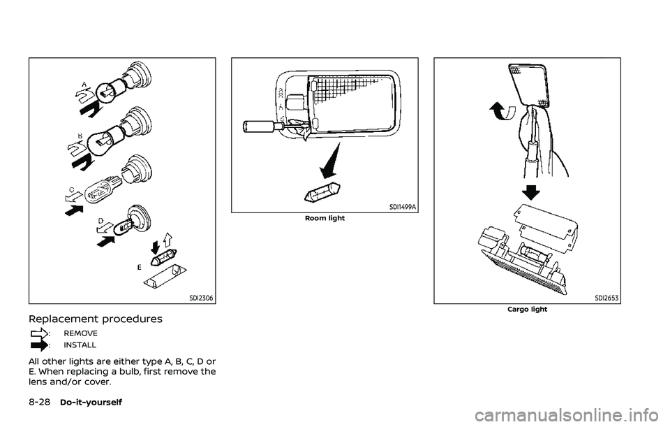 NISSAN ROGUE SPORT 2021 Owners Manual 8-28Do-it-yourself
SDI2306
Replacement procedures
: REMOVE
: INSTALL
All other lights are either type A, B, C, D or
E. When replacing a bulb, first remove the
lens and/or cover.
SDI1499A
Room light
SD NISSAN ROGUE SPORT 2021 Owners Manual 8-28Do-it-yourself
SDI2306
Replacement procedures
: REMOVE
: INSTALL
All other lights are either type A, B, C, D or
E. When replacing a bulb, first remove the
lens and/or cover.
SDI1499A
Room light
SD