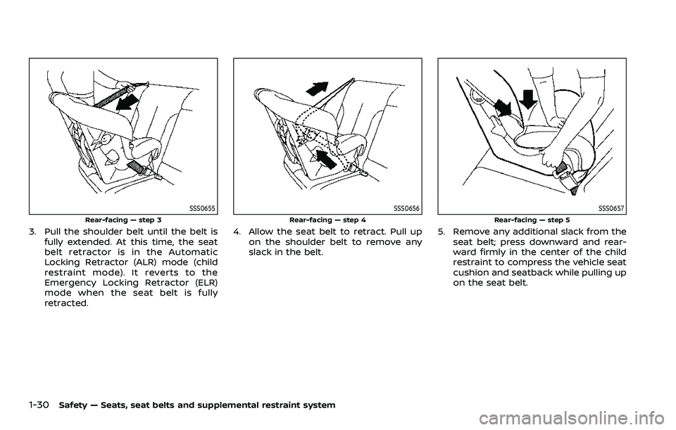 NISSAN ROGUE SPORT 2021 Owners Manual 1-30Safety — Seats, seat belts and supplemental restraint system
SSS0655
Rear-facing — step 3
3. Pull the shoulder belt until the belt isfully extended. At this time, the seat
belt retractor is in NISSAN ROGUE SPORT 2021 Owners Manual 1-30Safety — Seats, seat belts and supplemental restraint system
SSS0655
Rear-facing — step 3
3. Pull the shoulder belt until the belt isfully extended. At this time, the seat
belt retractor is in