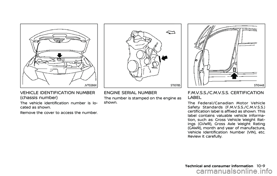 NISSAN ROGUE SPORT 2021 Owners Manual JVT0286X
VEHICLE IDENTIFICATION NUMBER
(chassis number)
The vehicle identification number is lo-
cated as shown.
Remove the cover to access the number.
STI0785
ENGINE SERIAL NUMBER
The number is stamp NISSAN ROGUE SPORT 2021 Owners Manual JVT0286X
VEHICLE IDENTIFICATION NUMBER
(chassis number)
The vehicle identification number is lo-
cated as shown.
Remove the cover to access the number.
STI0785
ENGINE SERIAL NUMBER
The number is stamp