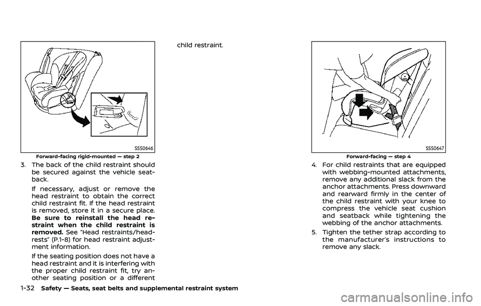 NISSAN ROGUE SPORT 2021 Owners Manual 1-32Safety — Seats, seat belts and supplemental restraint system
SSS0646
Forward-facing rigid-mounted — step 2
3. The back of the child restraint shouldbe secured against the vehicle seat-
back.
I NISSAN ROGUE SPORT 2021 Owners Manual 1-32Safety — Seats, seat belts and supplemental restraint system
SSS0646
Forward-facing rigid-mounted — step 2
3. The back of the child restraint shouldbe secured against the vehicle seat-
back.
I
