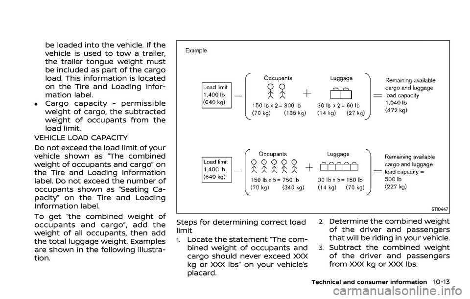 NISSAN ROGUE SPORT 2021  Owners Manual be loaded into the vehicle. If the
vehicle is used to tow a trailer,
the trailer tongue weight must
be included as part of the cargo
load. This information is located
on the Tire and Loading Infor-
ma