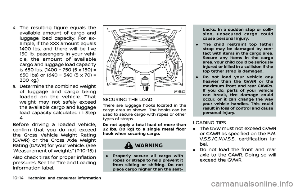 NISSAN ROGUE SPORT 2021 Owners Manual 10-14Technical and consumer information
4.The resulting figure equals the
available amount of cargo and
luggage load capacity. For ex-
ample, if the XXX amount equals
1400 lbs. and there will be five
NISSAN ROGUE SPORT 2021 Owners Manual 10-14Technical and consumer information
4.The resulting figure equals the
available amount of cargo and
luggage load capacity. For ex-
ample, if the XXX amount equals
1400 lbs. and there will be five