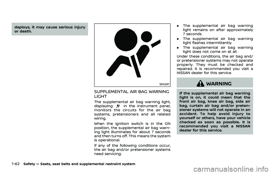 NISSAN ROGUE SPORT 2021 Owners Manual 1-62Safety — Seats, seat belts and supplemental restraint system
deploys, it may cause serious injury
or death.
SPA1097
SUPPLEMENTAL AIR BAG WARNING
LIGHT
The supplemental air bag warning light,
dis NISSAN ROGUE SPORT 2021 Owners Manual 1-62Safety — Seats, seat belts and supplemental restraint system
deploys, it may cause serious injury
or death.
SPA1097
SUPPLEMENTAL AIR BAG WARNING
LIGHT
The supplemental air bag warning light,
dis