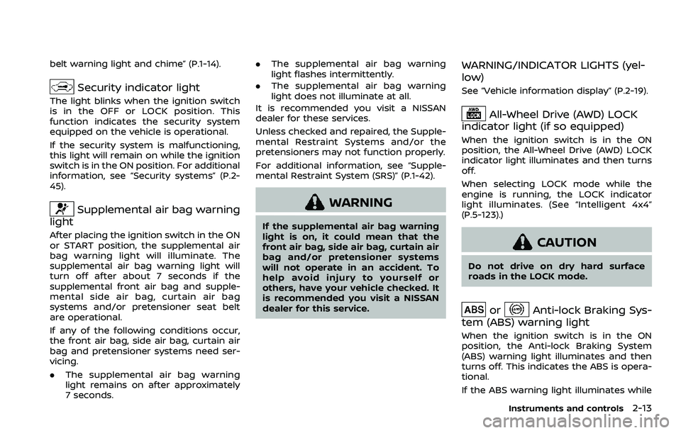 NISSAN ROGUE SPORT 2021 Owners Manual belt warning light and chime” (P.1-14).
Security indicator light
The light blinks when the ignition switch
is in the OFF or LOCK position. This
function indicates the security system
equipped on the NISSAN ROGUE SPORT 2021 Owners Manual belt warning light and chime” (P.1-14).
Security indicator light
The light blinks when the ignition switch
is in the OFF or LOCK position. This
function indicates the security system
equipped on the