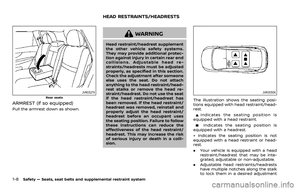 NISSAN ROGUE SPORT 2020 Owners Manual 1-8Safety — Seats, seat belts and supplemental restraint system
JVR0327X
Rear seats
ARMREST (if so equipped)
Pull the armrest down as shown.
WARNING
Head restraint/headrest supplement
the other vehi