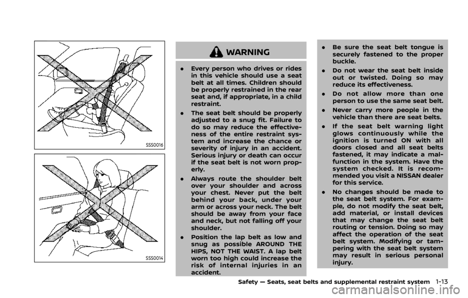 NISSAN ROGUE SPORT 2020 Owners Guide SSS0016
SSS0014
WARNING
.Every person who drives or rides
in this vehicle should use a seat
belt at all times. Children should
be properly restrained in the rear
seat and, if appropriate, in a child
r