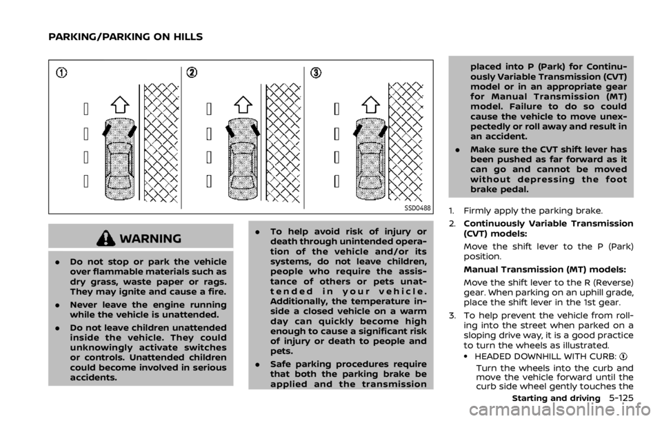 NISSAN ROGUE SPORT 2020 Owners Manual SSD0488
WARNING
.Do not stop or park the vehicle
over flammable materials such as
dry grass, waste paper or rags.
They may ignite and cause a fire.
. Never leave the engine running
while the vehicle i NISSAN ROGUE SPORT 2020 Owners Manual SSD0488
WARNING
.Do not stop or park the vehicle
over flammable materials such as
dry grass, waste paper or rags.
They may ignite and cause a fire.
. Never leave the engine running
while the vehicle i