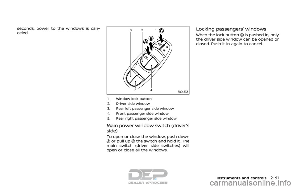 NISSAN ROGUE SPORT 2018 Owners Manual seconds, power to the windows is can-
celed.
SIC4533
1. Window lock button
2. Driver side window
3. Rear left passenger side window
4. Front passenger side window
5. Rear right passenger side window
M NISSAN ROGUE SPORT 2018 Owners Manual seconds, power to the windows is can-
celed.
SIC4533
1. Window lock button
2. Driver side window
3. Rear left passenger side window
4. Front passenger side window
5. Rear right passenger side window
M
