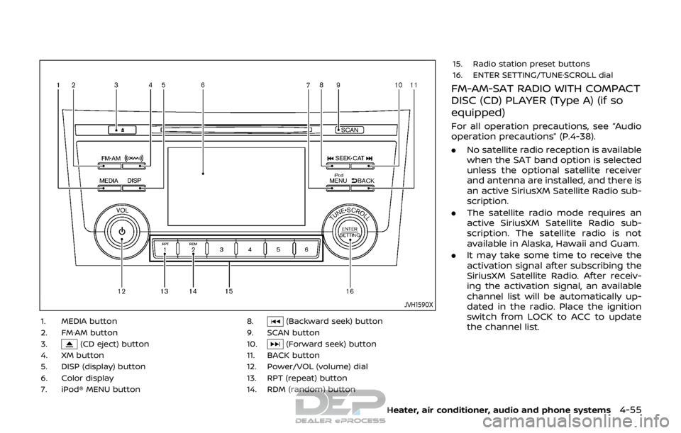 NISSAN ROGUE SPORT 2018 Owners Manual JVH1590X
1. MEDIA button
2. FM·AM button
3.
(CD eject) button
4. XM button
5. DISP (display) button
6. Color display
7. iPod® MENU button 8.
(Backward seek) button
9. SCAN button
10.
(Forward seek) NISSAN ROGUE SPORT 2018 Owners Manual JVH1590X
1. MEDIA button
2. FM·AM button
3.
(CD eject) button
4. XM button
5. DISP (display) button
6. Color display
7. iPod® MENU button 8.
(Backward seek) button
9. SCAN button
10.
(Forward seek)
