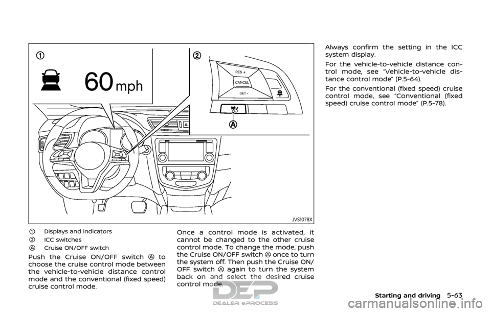 NISSAN ROGUE SPORT 2018 Owners Manual JVS1078X
Displays and indicatorsICC switchesCruise ON/OFF switch
Push the Cruise ON/OFF switchto
choose the cruise control mode between
the vehicle-to-vehicle distance control
mode and the conventiona NISSAN ROGUE SPORT 2018 Owners Manual JVS1078X
Displays and indicatorsICC switchesCruise ON/OFF switch
Push the Cruise ON/OFF switchto
choose the cruise control mode between
the vehicle-to-vehicle distance control
mode and the conventiona