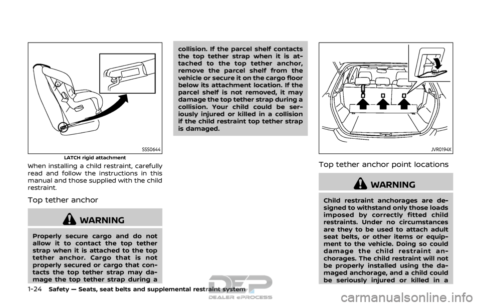 NISSAN ROGUE SPORT 2018 Service Manual 1-24Safety — Seats, seat belts and supplemental restraint system
SSS0644
LATCH rigid attachment
When installing a child restraint, carefully
read and follow the instructions in this
manual and those NISSAN ROGUE SPORT 2018 Service Manual 1-24Safety — Seats, seat belts and supplemental restraint system
SSS0644
LATCH rigid attachment
When installing a child restraint, carefully
read and follow the instructions in this
manual and those