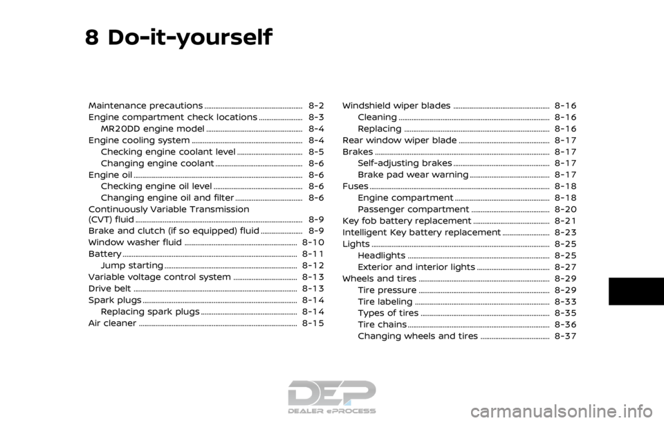 NISSAN ROGUE SPORT 2018 Owners Manual 8 Do-it-yourself
Maintenance precautions ...................................................... 8-2
Engine compartment check locations ........................ 8-3MR20DD engine model ................. NISSAN ROGUE SPORT 2018 Owners Manual 8 Do-it-yourself
Maintenance precautions ...................................................... 8-2
Engine compartment check locations ........................ 8-3MR20DD engine model .................