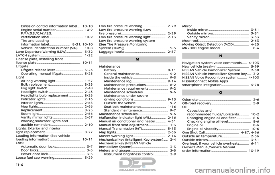 NISSAN ROGUE SPORT 2018  Owners Manual 11-4
Emission control information label .... 10-10
Engine serial number ........................................ 10-9
F.M.V.S.S./C.M.V.S.S.
certification label ........................................