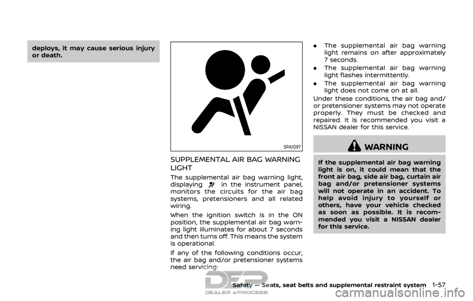 NISSAN ROGUE SPORT 2018 Manual PDF deploys, it may cause serious injury
or death.
SPA1097
SUPPLEMENTAL AIR BAG WARNING
LIGHT
The supplemental air bag warning light,
displayingin the instrument panel,
monitors the circuits for the air b NISSAN ROGUE SPORT 2018 Manual PDF deploys, it may cause serious injury
or death.
SPA1097
SUPPLEMENTAL AIR BAG WARNING
LIGHT
The supplemental air bag warning light,
displayingin the instrument panel,
monitors the circuits for the air b
