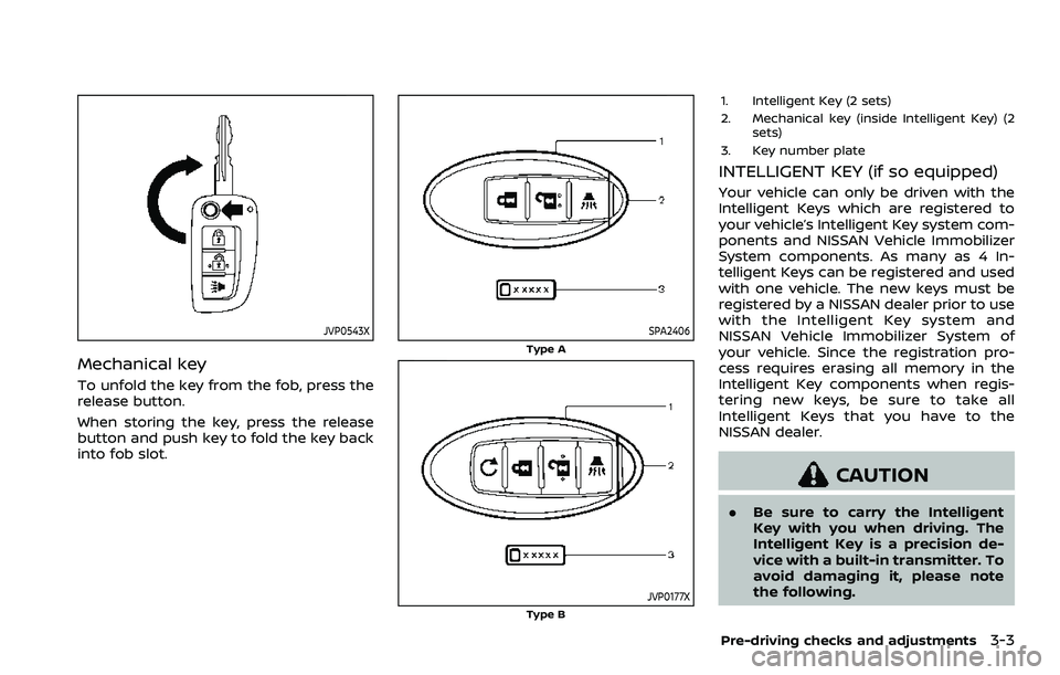 NISSAN ROGUE SPORT 2019 Owners Manual JVP0543X
Mechanical key
To unfold the key from the fob, press the
release button.
When storing the key, press the release
button and push key to fold the key back
into fob slot.
SPA2406
Type A
JVP0177 NISSAN ROGUE SPORT 2019 Owners Manual JVP0543X
Mechanical key
To unfold the key from the fob, press the
release button.
When storing the key, press the release
button and push key to fold the key back
into fob slot.
SPA2406
Type A
JVP0177