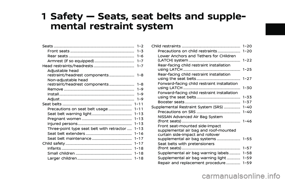 NISSAN ROGUE SPORT 2019 Owners Manual 1 Safety — Seats, seat belts and supple-mental restraint system
Seats ........................................................................\
............................... 1-2
Front seats ......