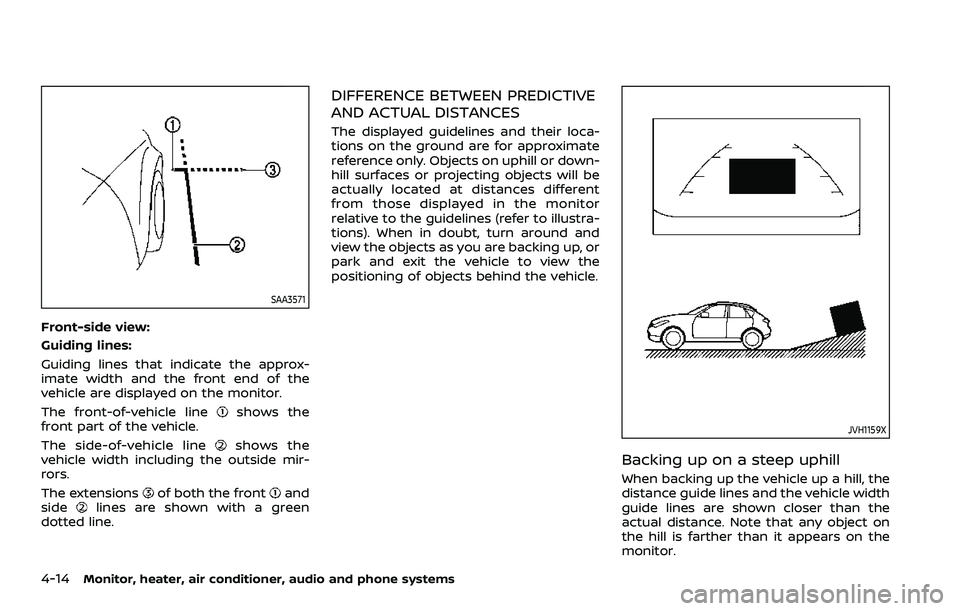 NISSAN ROGUE SPORT 2019  Owners Manual 4-14Monitor, heater, air conditioner, audio and phone systems
SAA3571
Front-side view:
Guiding lines:
Guiding lines that indicate the approx-
imate width and the front end of the
vehicle are displayed
