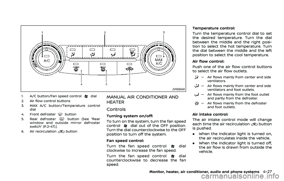 NISSAN ROGUE SPORT 2019  Owners Manual JVH0664X
1. A/C button/Fan speed controldial
2. Air flow control buttons
3. MAX A/C button/Temperature control dial
4. Front defroster
button
5. Rear defrosterbutton (See “Rear
window and outside mi