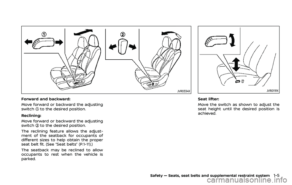 NISSAN ROGUE SPORT 2019 Owners Manual JVR0334X
Forward and backward:
Move forward or backward the adjusting
switch
to the desired position.
Reclining:
Move forward or backward the adjusting
switch
to the desired position.
The reclining fe