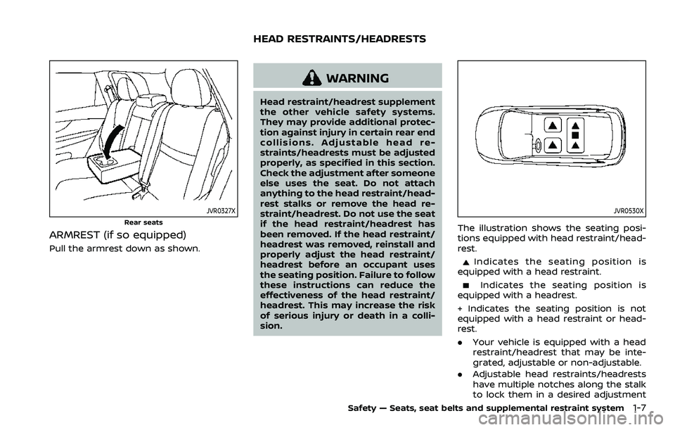NISSAN ROGUE SPORT 2019 Owners Manual JVR0327X
Rear seats
ARMREST (if so equipped)
Pull the armrest down as shown.
WARNING
Head restraint/headrest supplement
the other vehicle safety systems.
They may provide additional protec-
tion again