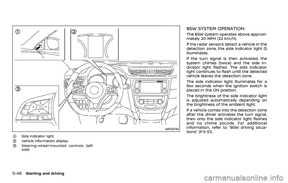 NISSAN ROGUE SPORT 2019 Owners Manual 5-48Starting and driving
WAF0079X
Side indicator lightVehicle information displaySteering-wheel-mounted controls (left
side)
BSW SYSTEM OPERATION
The BSW system operates above approxi-
mately 20 MPH ( NISSAN ROGUE SPORT 2019 Owners Manual 5-48Starting and driving
WAF0079X
Side indicator lightVehicle information displaySteering-wheel-mounted controls (left
side)
BSW SYSTEM OPERATION
The BSW system operates above approxi-
mately 20 MPH (